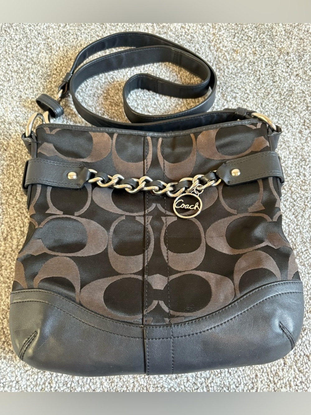 Coach Signature Crossbody Optic Chain Vintage Style Brown and Black Leather Bag